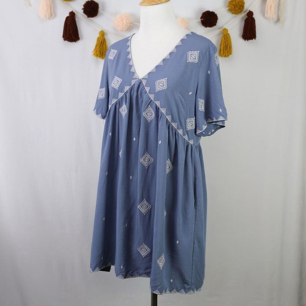 Big Water Blue Sky Blue V-Neck Short Sleeve Baby Doll Mini Shirt Dress Small